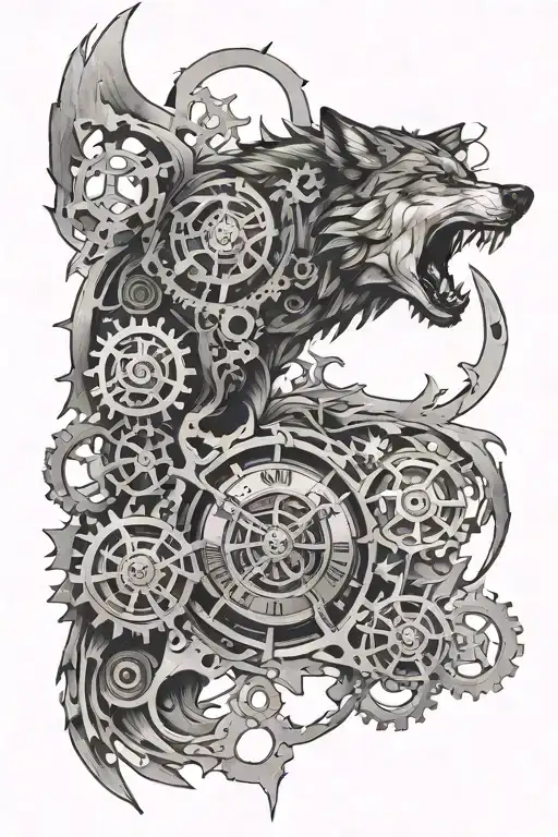 wolf ripped open showing clock cogs incorporated tattoo design idea