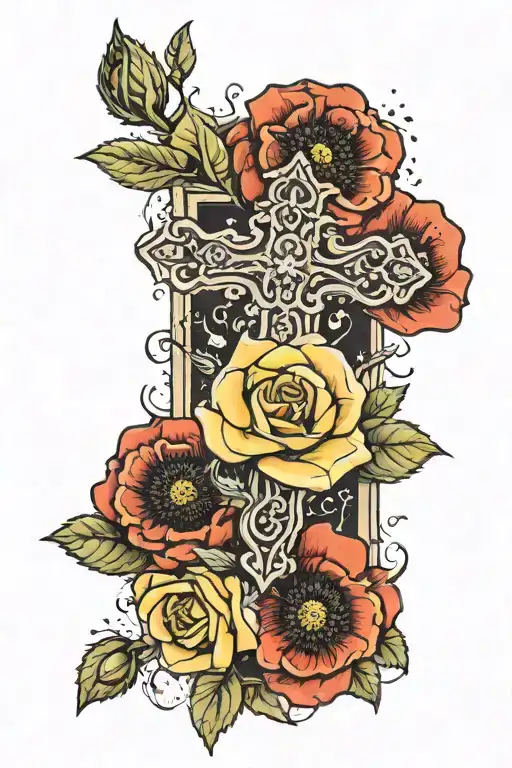a cross tattoo with a yellow rose and a red poppy with little black poppy seeds on top of the cross  tattoo design idea