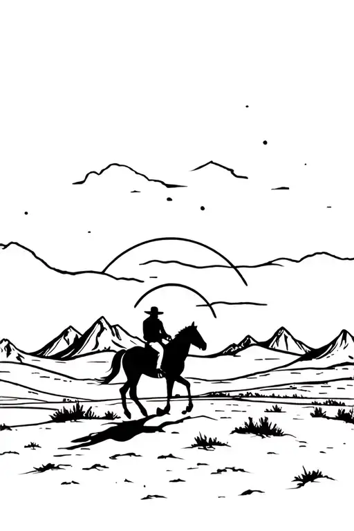 cowboy on horseback facing away in a desert landscape with mountains and sunset tattoo design idea