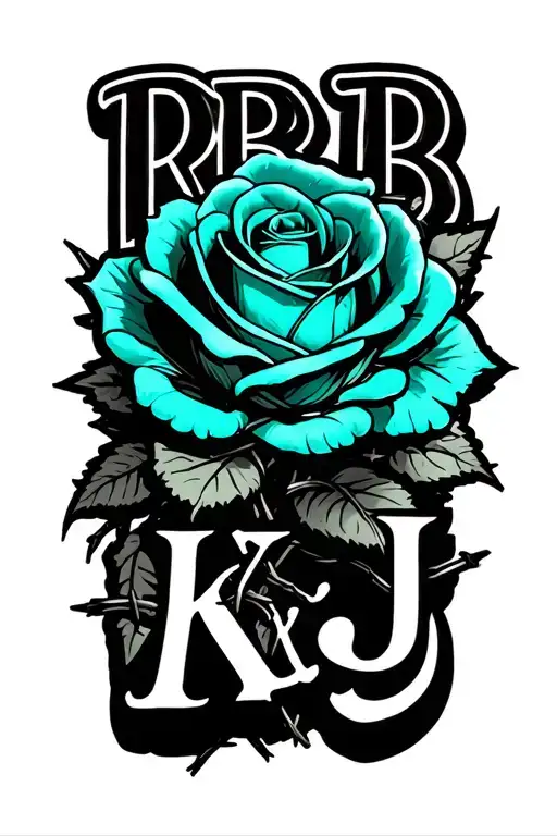 "RB ; KJ" teal rose wrapped in barbed wire tattoo design idea