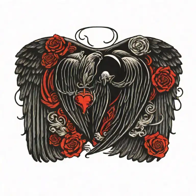 angel wing and devil wing with heart in the middle tattoo design idea