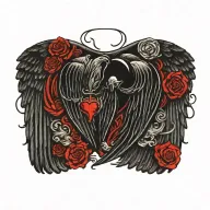 angel wing and devil wing with heart in the middle tattoo design idea