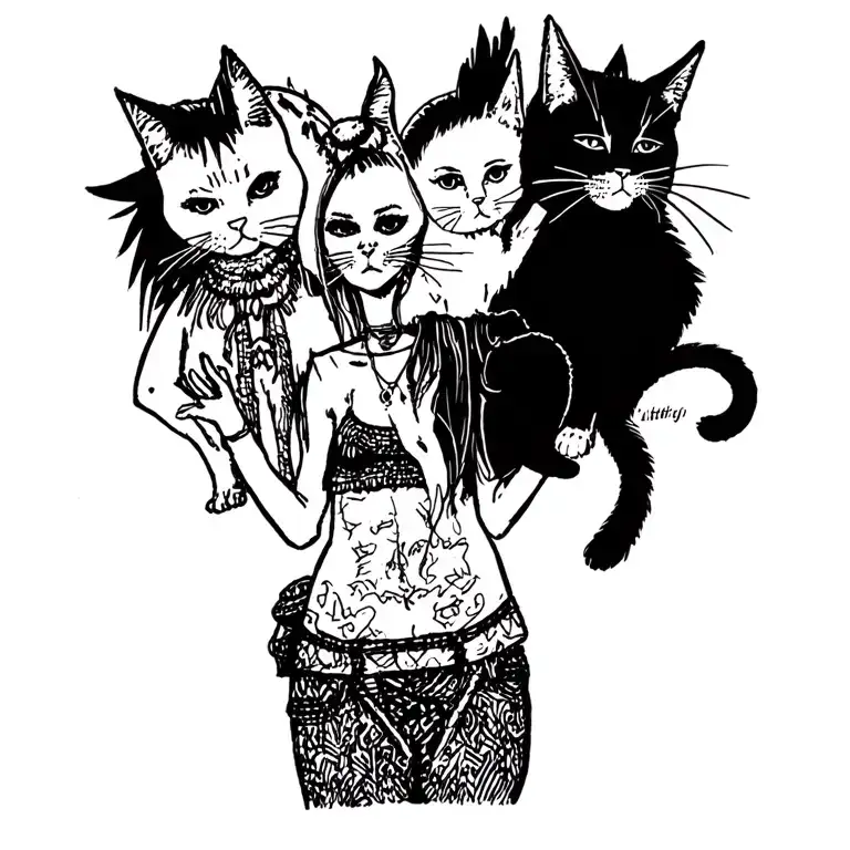 woman punk with gang of cats tattoo design idea