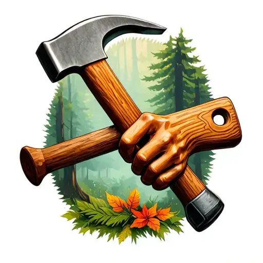 hammer and hand saw in woodland tattoo design idea