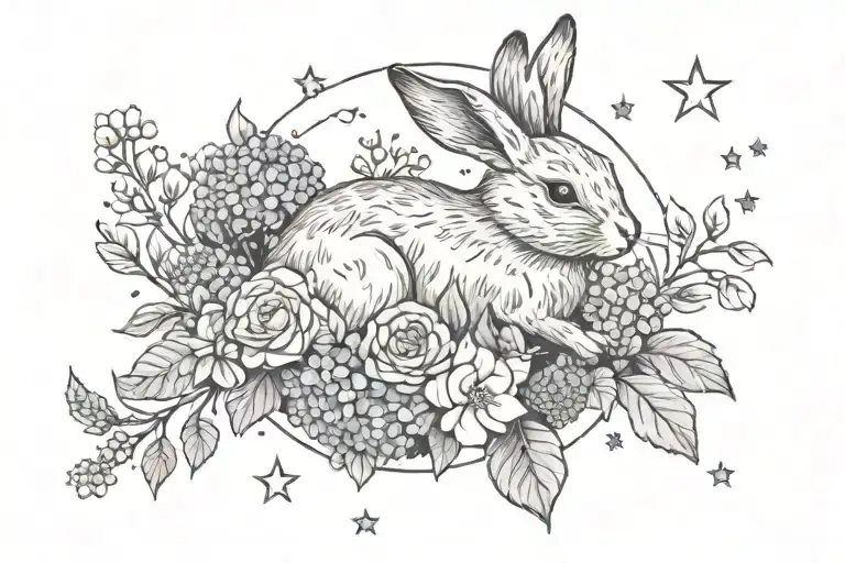 A waning gibbous moon with a small simplistic minimal bunny, surrounded by hydrangea flowers and stars in a cutesy smile tattoo design idea