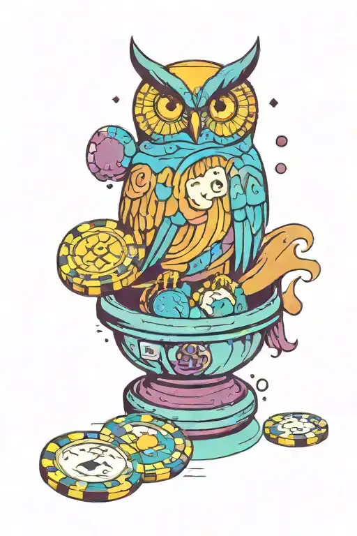 a swirl of blue, turquoise and purple with an owl shaped container on top and poker chips underneath tattoo design idea