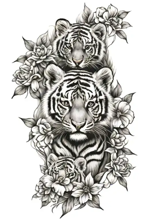 flowers tiger cubs face only tattoo design idea