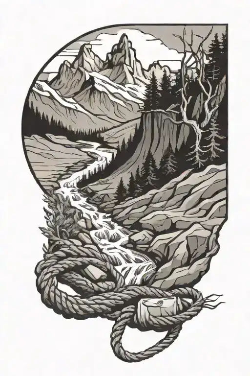 Swiss mountains and little stream with scouting logo intertwined within, rope running through tattoo design idea
