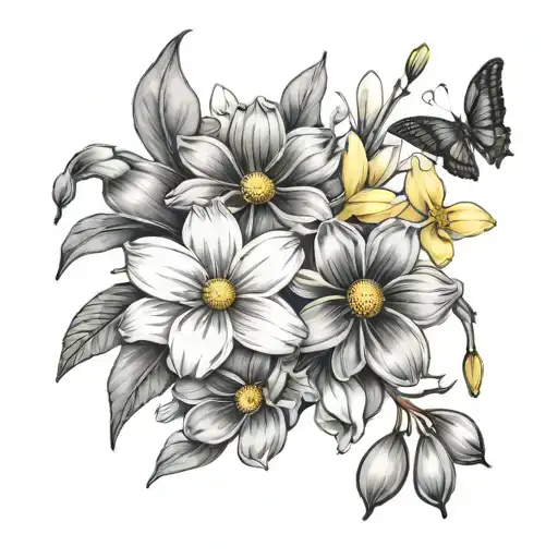 daisies and daffodils with cherry blossoms, snow drops, violets, greenery tattoo design idea