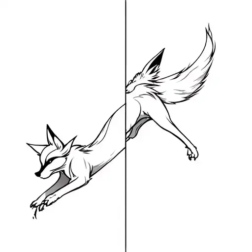 leaping fox with gumiho mask split in half tattoo design idea
