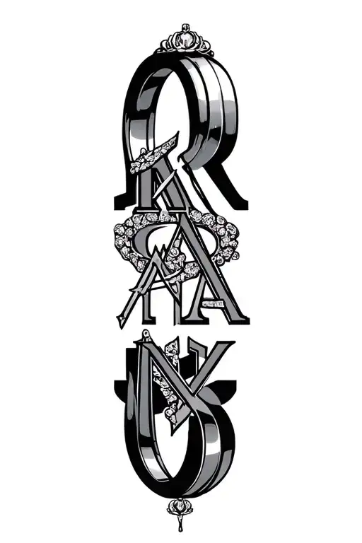 mariage ring surrounded with letters R and A  and hidden in plain sight a N and 1 tattoo design idea