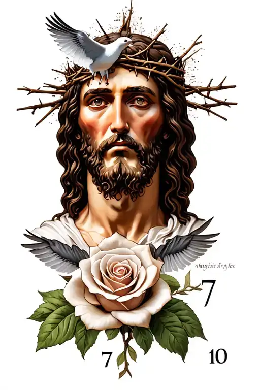 on the forearm a jesus with crown of thorns put a rose down below towards the wrist put the numbers 7 and 10 add doves tattoo design idea