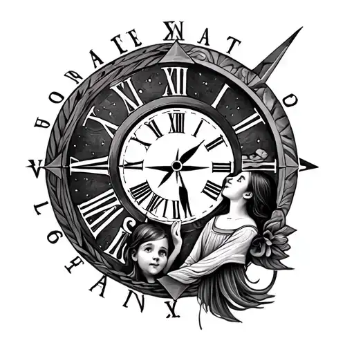 Make a complete sleeve on the theme of the family with a clock, a compass, a woman who looks at her children tattoo design idea