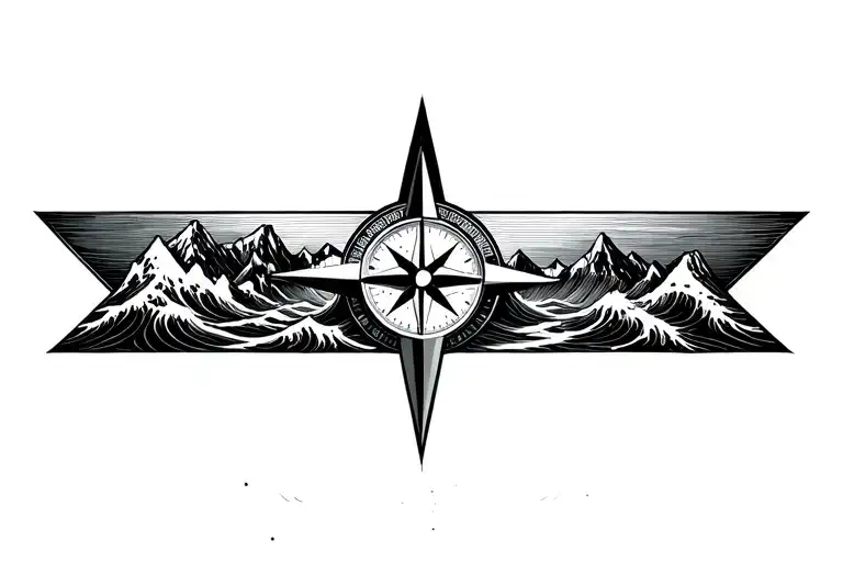 large compass surrounded by intricate geometric mountains and crashing waves, black and white, add triangle frame tattoo design idea