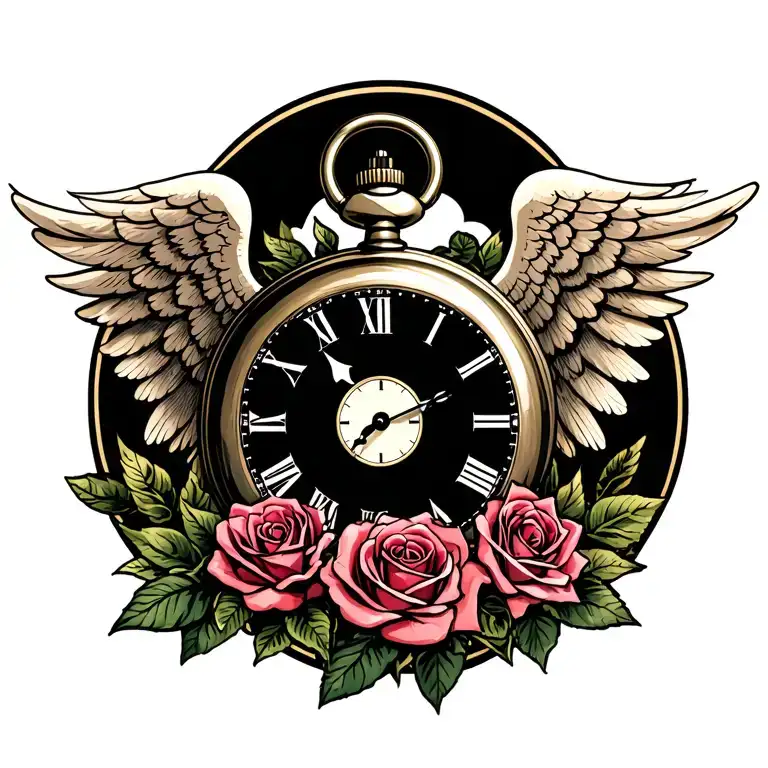 pocket watch with angel wings and roses intertwined tattoo design idea