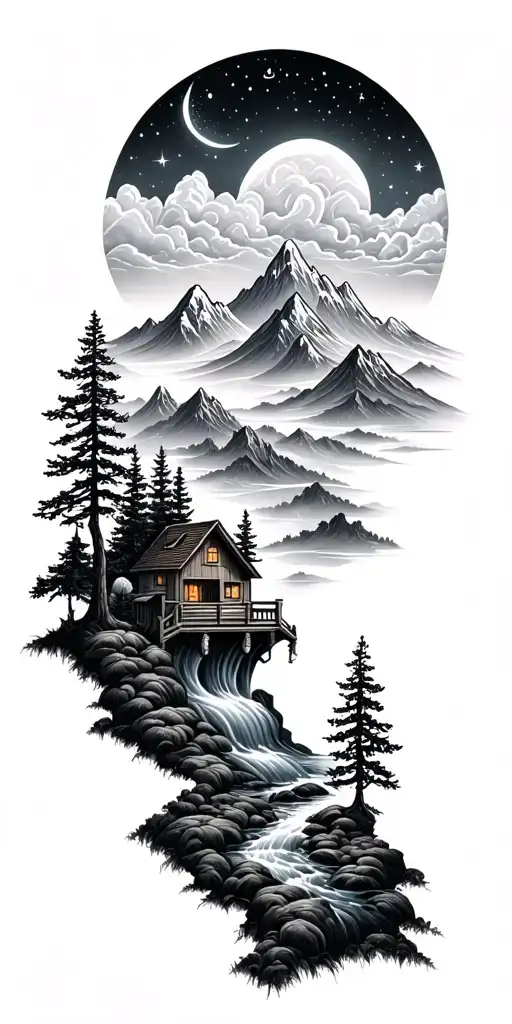 Black & grey with flowing water, mountains, trees, small home, and a starry sky, symbolizing growth,family, wisdom tattoo design idea
