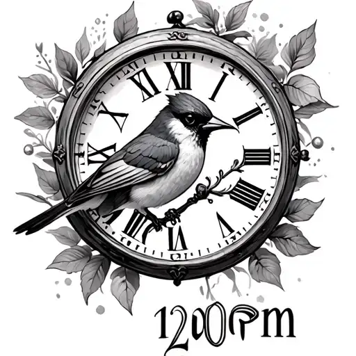 Old Clock saying 12:00pm with a cardinal and humming bird tattoo design idea