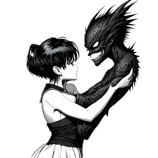 Makoto Kino from Sailor Moon being choked by Ryuk from DeathNote tattoo design idea