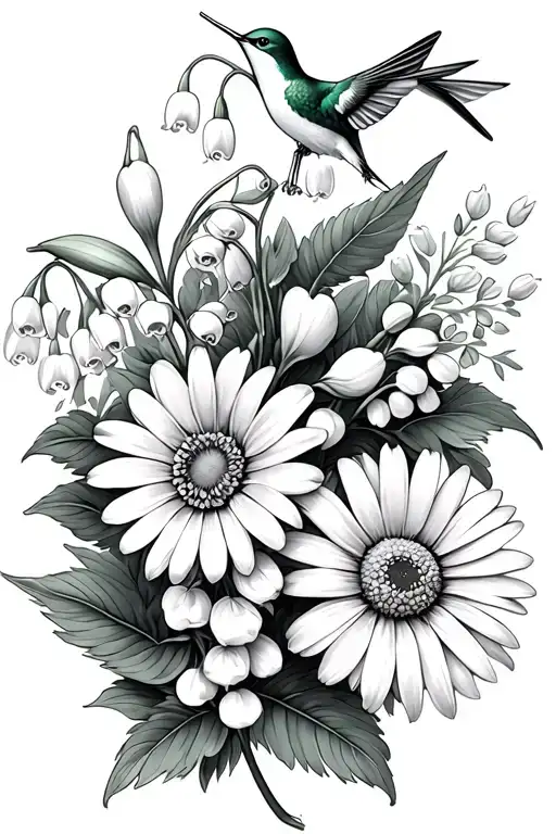lily of the valley flower and cosmo flower and daisy with hummingbird and half Mandela  tattoo design idea