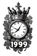 time chess king crown and 4 leaf clover surrounding 1999 on the bottom tattoo design idea