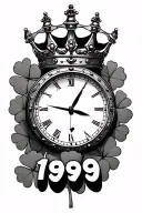 time chess king crown and 4 leaf clover surrounding 1999 on the bottom tattoo design idea