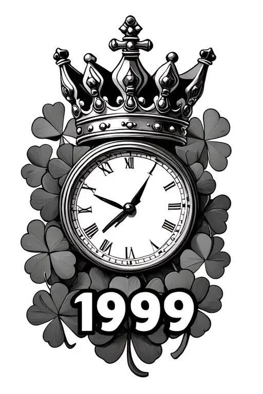 time chess king crown and 4 leaf clover surrounding 1999 on the bottom tattoo design idea