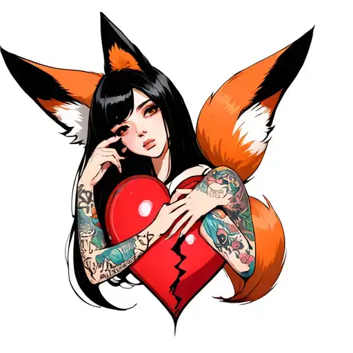 anime woman with black hair, tattoos and fox ears stitching together a broken heart wrapped with fox tails tattoo design idea
