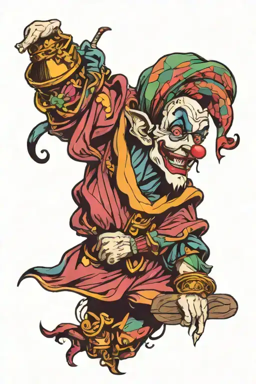 This full-sleeve tattoo is a vivid and multi-layered work of art, centered around a jester, embodying the contradictions tattoo design idea