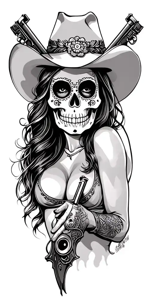 sugar skull vaquero woman with guns tattoo design idea