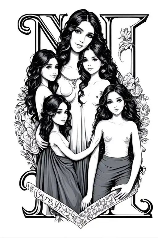 Attachment, mother with 2 daughters, letters N and L tattoo design idea