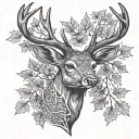 deer head centered in tricep with maple leaves and letters arlz tattoo design idea