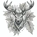 deer head centered in tricep with maple leaves and letters arlz tattoo design idea