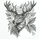 deer head centered in tricep with maple leaves and letters arlz tattoo design idea