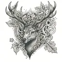 deer head centered in tricep with maple leaves and letters arlz tattoo design idea