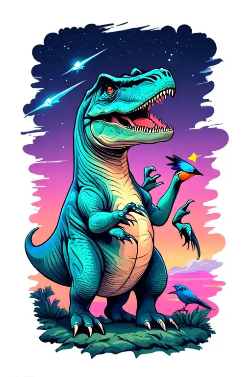 Large dinosaur standing over and looking at small bird. Comet in the background. tattoo design idea
