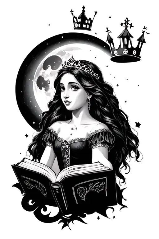 bookish theme, the moon, and a tough looking princess tattoo design idea