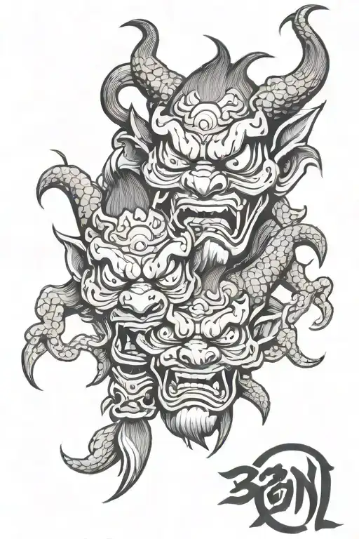 3 oni mask. sad, happy and angry expressions representing see no evil tattoo design idea