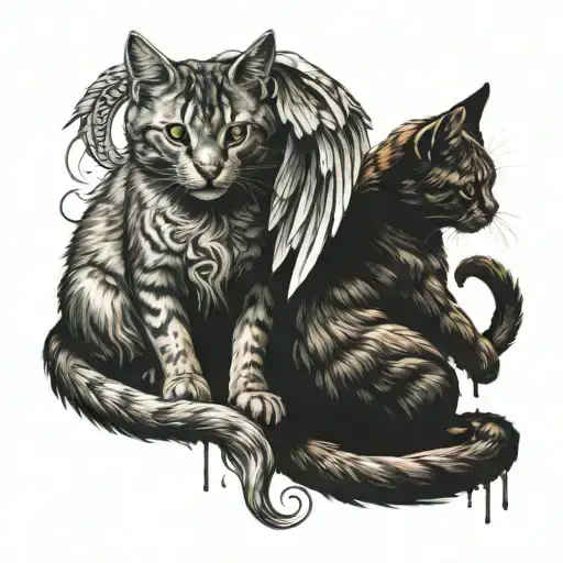 two cats one angelic and the other demonic rotating around one another tattoo design idea