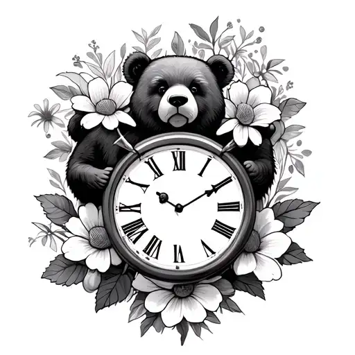 flowers and 3 clocks and bears holding the clocks tattoo design idea