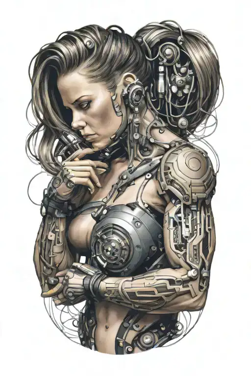 bodybuilder muscular women with technology circuits merging tattoo design idea