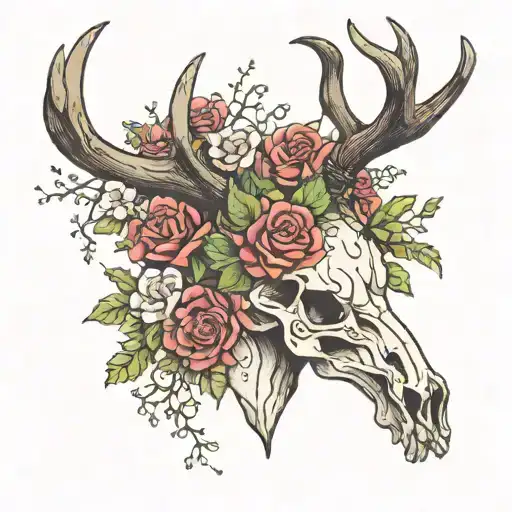 stag skull with flowers tattoo design idea