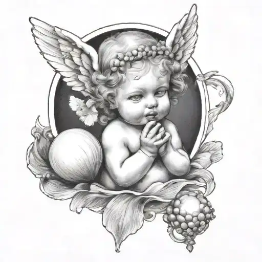 A baby angel with two horns above her head ,holding a diamond a shell which has a pearl in it  tattoo design idea