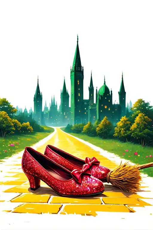 two sparkly flat red ruby shoes with bows on toe witches broom on yellow brick road with emerald city in background tattoo design idea