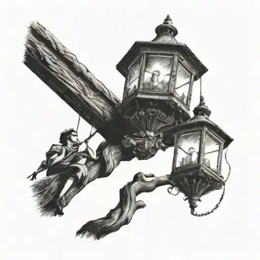 tall old wooden lamp post with person hanging from it  tattoo design idea