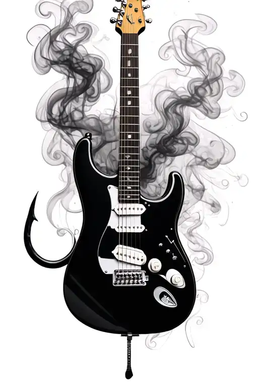 stratocaster guitar, ps5 controller, fishing hook, smoke tattoo design idea