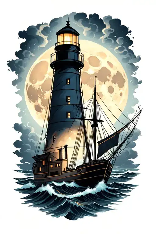 full moon over a lighthouse ship and storm in backgrounds tattoo design idea