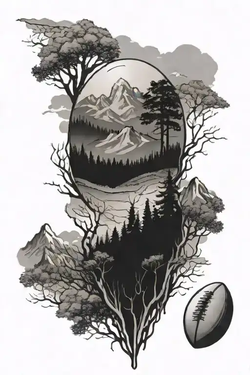 rugby ball, mountains and trees tattoo design idea