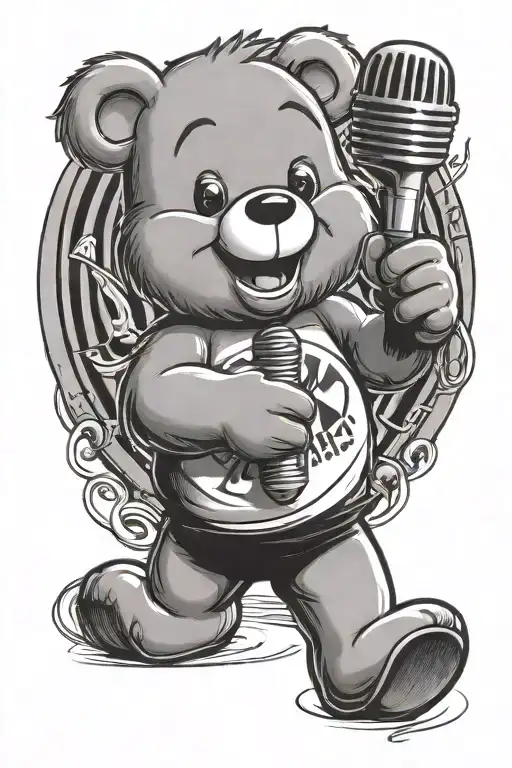 care bear holding a microphone with the words yum yum wrapped around it  tattoo design idea