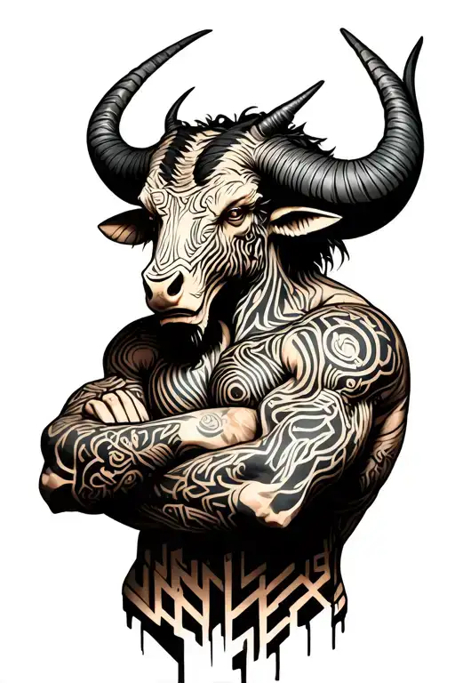 minotaur halfbody,side view,maze behind head,crossed arms,trash polka tatto,messy, tattoo design idea