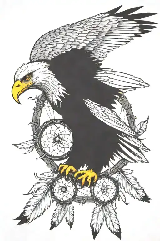 bald eagle holding a dream catcher in claws tattoo design idea